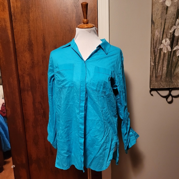 Chico's Teal Top Large 2 Button Down Pockets